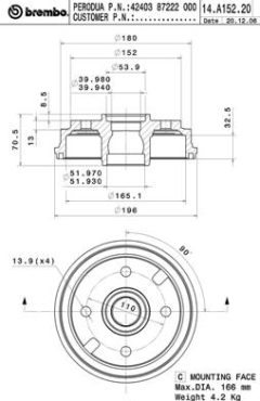 BREMBO 14.A152.20 — Тормозной барабан